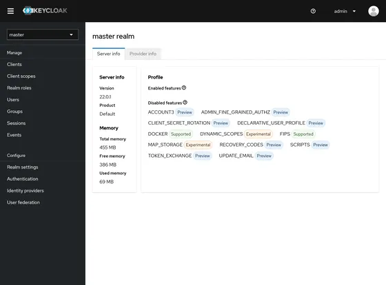 Screenshot of the default page you see after logging into the Keycloak admin dashboard for the first time.