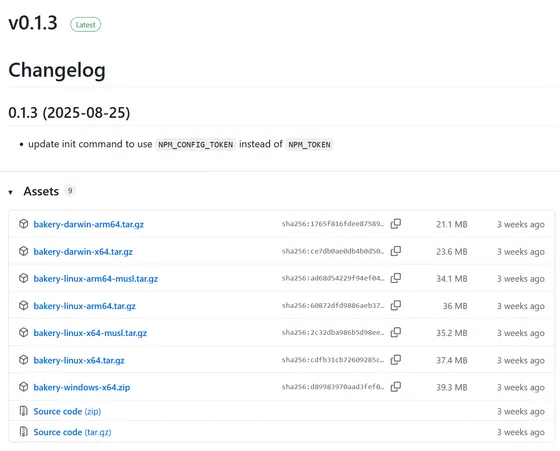 Screenshot of a Github release for the bakery project.